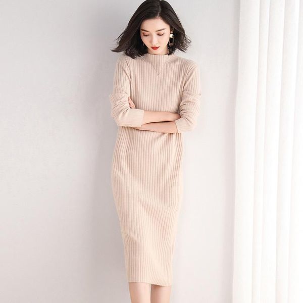 

casual dresses women's half high neck pullover knitted dress red, Black;gray