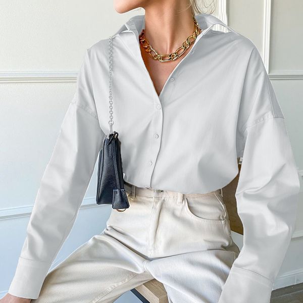 

White Women Shirt Office Lady Elegant Turn Down Collar Long Sleeve Autumn 2021 Loose Classic Female Shirts Casual Tops