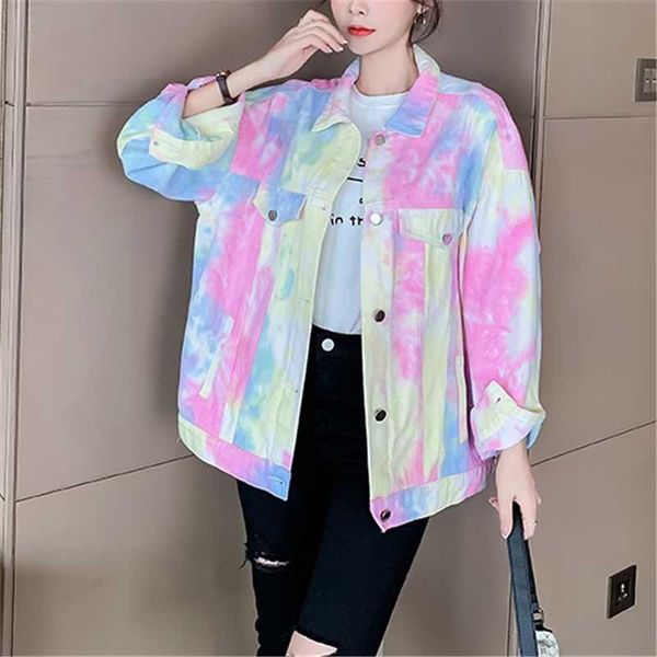 

women's jackets cbafu spring autumn rainbow short outwear women loose single breasted streetwear denim colorful graffiti coat n345, Black;brown