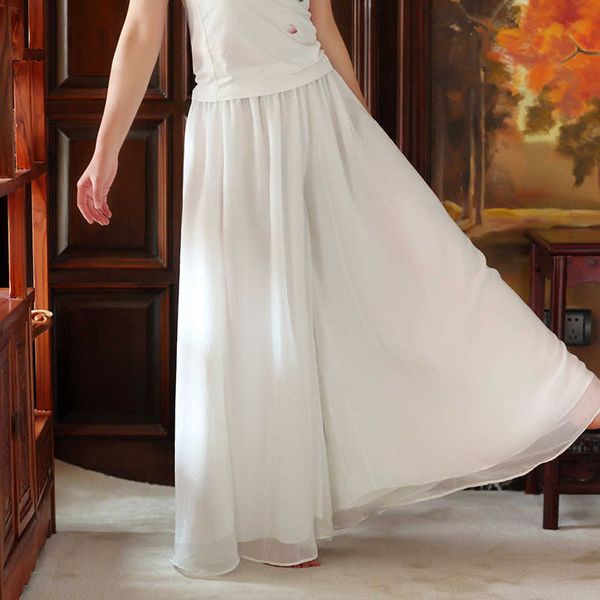 

start to read 2021 summer pants loose and thin yoga pants chiffon wide leg women's casual skirt k3403, Black;white