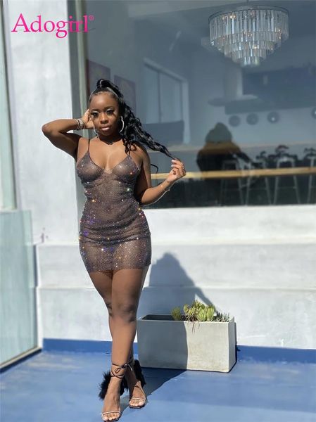 

casual dresses adogirl women sparkling sheer mesh night club dress spaghetti straps bodycon mini beach swimwear over up fashion outfits, Black;gray