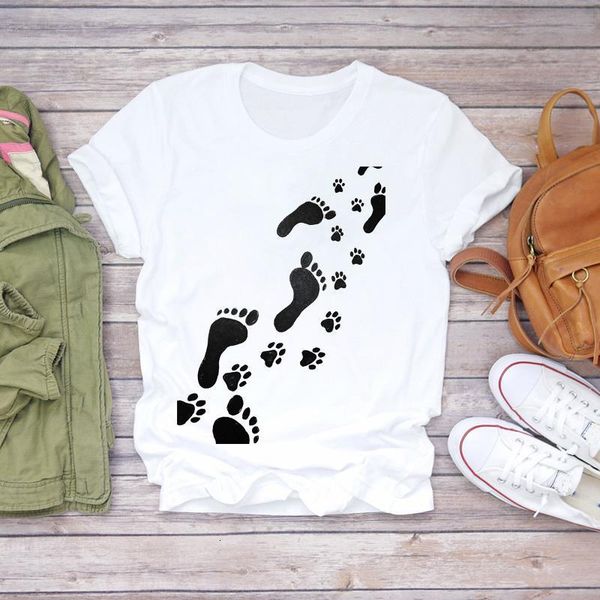 

women t-shirts dog cat paw never walk alone cartoon animal ladies print lady womens graphic t shirt female tee t-shirt, White