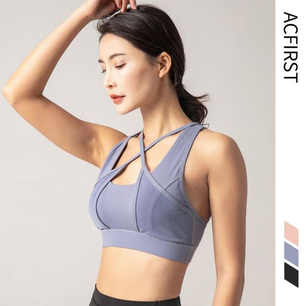 

yoga outfit acfirst blue women bras cross straps breathable shockproof padded sports bra athletic running fitness workout sport top