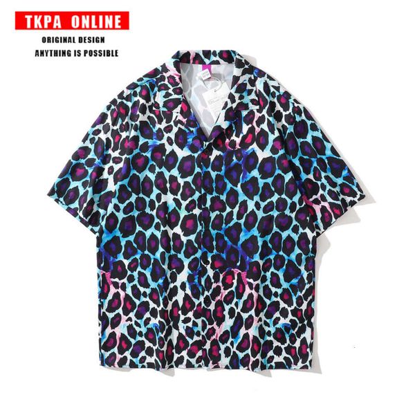 

tkpavintage classic lapel loose casual shirt for street lovers leopard print shirt for men and women, Tan;black