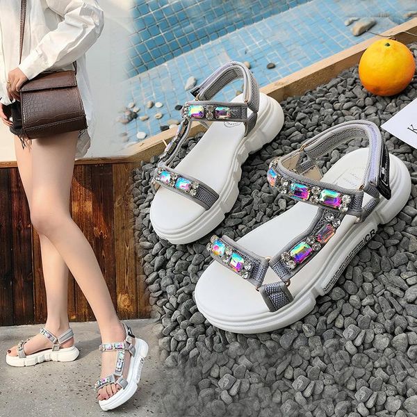 

platform shoes rhinestone sandals woman 2021 all-match, Black