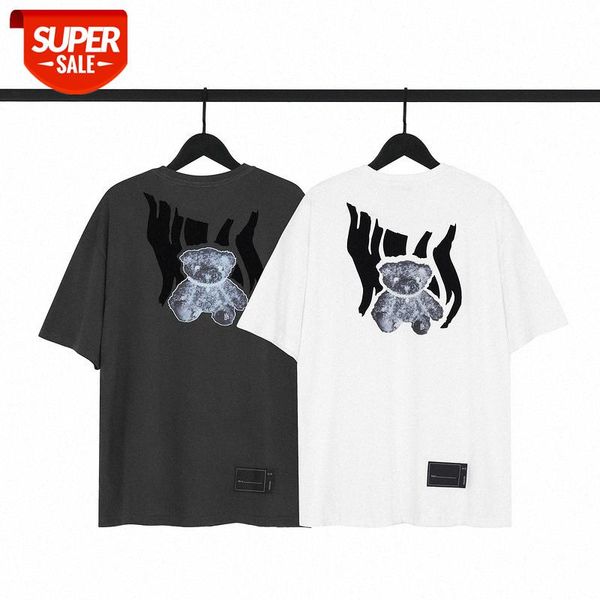 

we11 loaded luminous flocking heat transfer bear short-sleeved t-shirt european version loose round neck men and women couple half-sle #gu2g, White;black