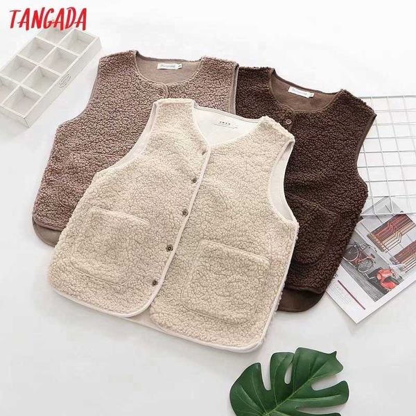 

tangada women fashion oversized fleece vest v neck sleeveless female waistcoat chic 5y1 210609, Black;white