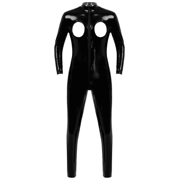 

Mens Erotic Lingerie Open Breast Zipper Bodysuit Patent Leather Wet Look Sexy Clubwear High Neck Long Sleeve Leotard Jumpsuits, Black;white