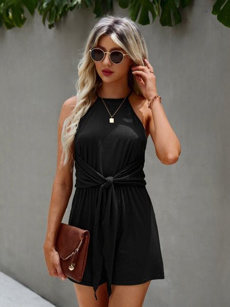 

halter neck tie front romper 79d7#, White