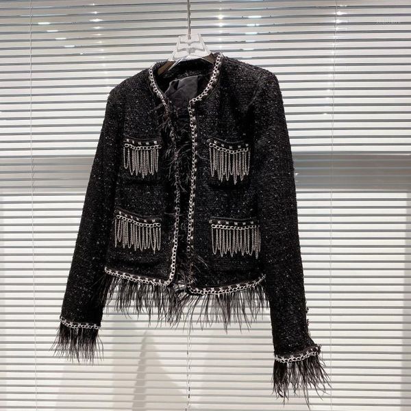 

women's jackets 2021 frayed fringe chain pocket woven tweed small fragrant short coat 0912, Black;brown