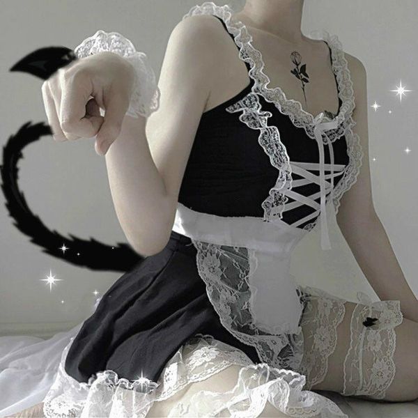 

bras sets french apron maid servant lolita lace anime costume babydoll dress erotic lingerie role play women cosplay uniform, Red;black