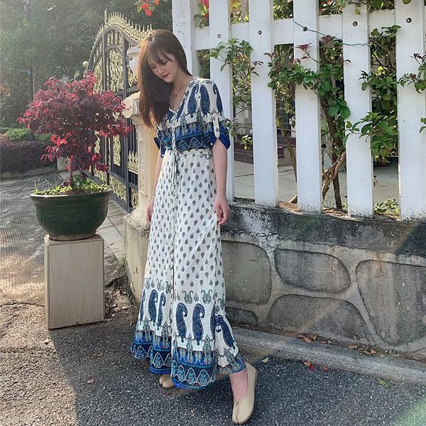 

women summer print boho dress vintage short sleeve female loose long maxi dress casual holiday lady beach dress vestido, Black;gray