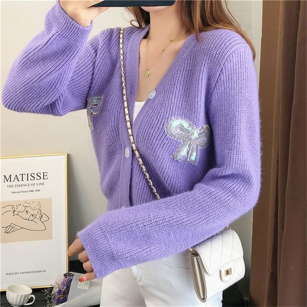 

chic bow sweater cardigan women korean fashion long sleeve loose jumper winter sweet streetwear casual knitted outwear, Black;gray