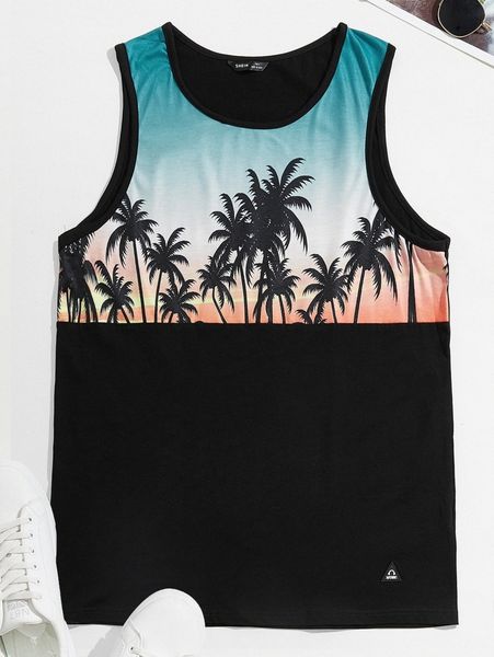 

men patch detail tropical print tank f1mb#, White;black