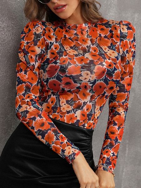 

floral print puff sleeve mesh without bra r9mt#, White