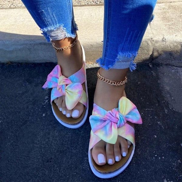 

2021 summer new style flat bottom ladies slides large size beach outer bow slippers female cross leopard color sandals dropship, Black
