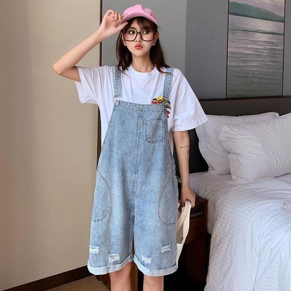 

maternity bottoms plus size pregnant women denim overalls wide leg strap shorts loose casual jeanss vintage cotton jumpsuits with pocket, White