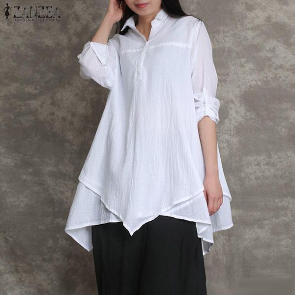 

zanzea women casual irregular hem blouse autumn lapel neck long sleeve shirts female elegant work blusas solid loose tunic 7, White