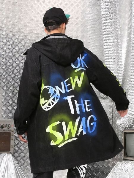 

men letter graphic drop shoulder hooded coat w64b#, Blue