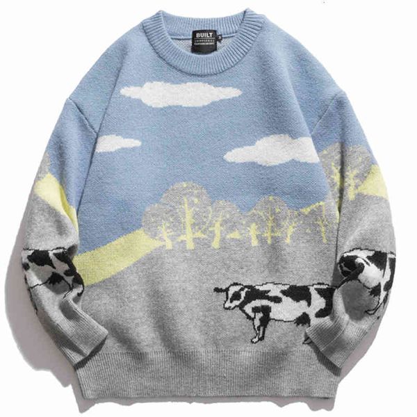 

men's sweaters homens harajuku vacas blusas de malha inverno retro oversize casal malhas masculino casual solto vintage kawaii pulÃ´ver, White;black