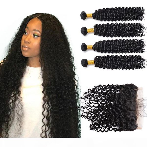 

lace frontal with bundles peruvian indian virgin hair bundles human hair deep wave bundles with 13x4 closure, Black;brown