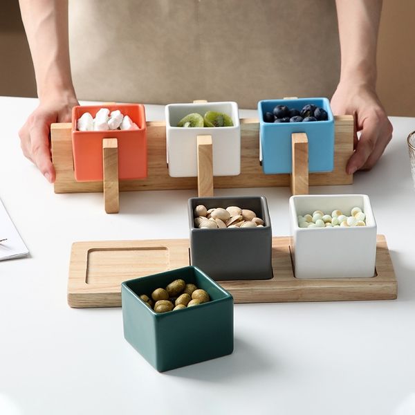 

creative wax glaze ceramic snack l home quartet seasoning dish dessert bowl with oak tray base