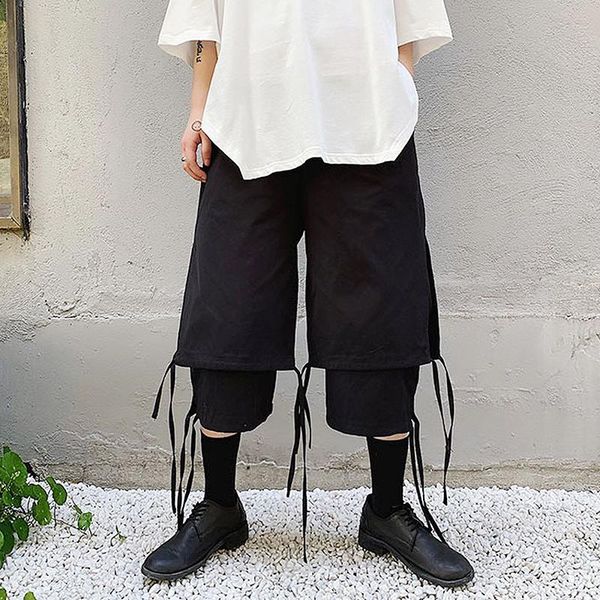 

men's pants loose capri japanese style dark mountain retro fake wide leg casual shorts this two-piece summer trou, Black