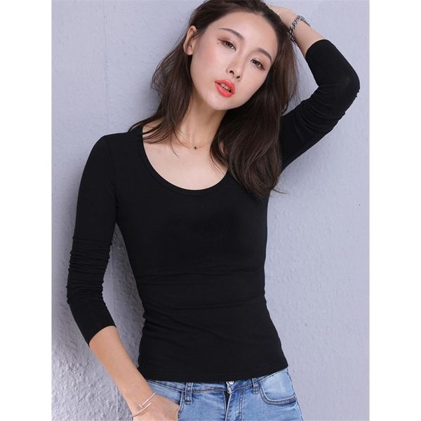 

women's t-shirt 2021 summer plus size long sleeve women t-shirt tight slim black white basic casual v-neck cotton pullover fe