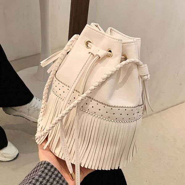 

elegant female tassel bucket bag 2021 new high-quality pu leather women's designer handbag high capacity shoulder messenger bag c0227