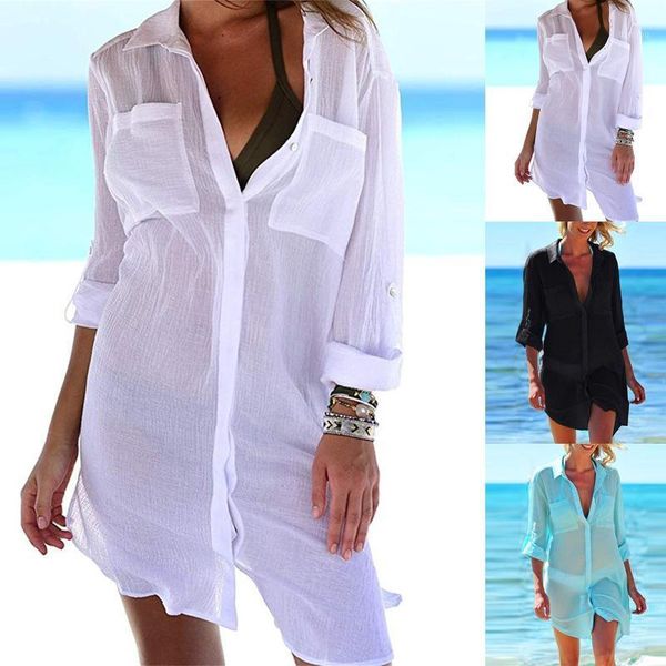 

women's swimwear bikini chiffon cover-ups long sleeve tunic casual summer beach dress 2021 women plus size wear swim suit cover up, White;black