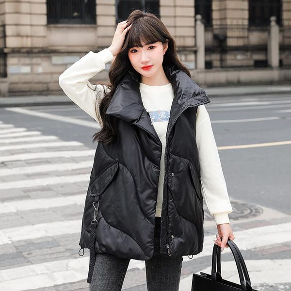 

women's vests turn down collar autumn winter vest solid zipper pockets ladies casual sleeveless jacket thick waistcoat female, Black;white