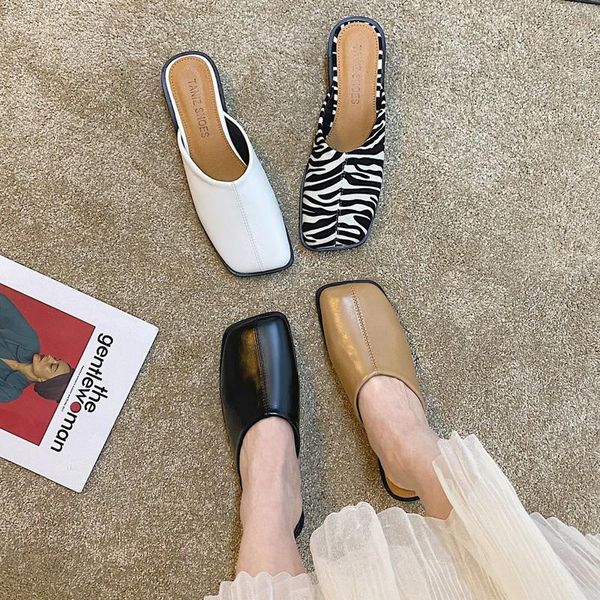 

slhjc women square toe leather shoes slippers flat heel mules shoes casual holiday outside slides drags cozy flats, Black