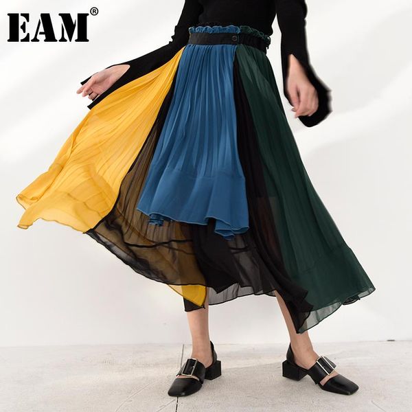 

skirts [eam] high elastic waist contrast color pleated chiffon half-body skirt women fashion tide spring autumn 2021 jg20805, Black