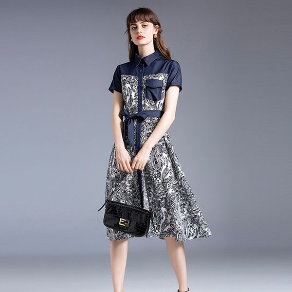 

casual dresses women summer elegant fashionable printing patchwork empire waist turn-down collar short sleeve slim pniv, Black;gray