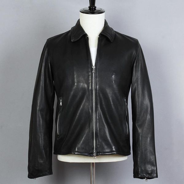 

men's leather & faux 2021 casual genuine jacket men black sheepskin short turn-down collar motorcycle biker real coat