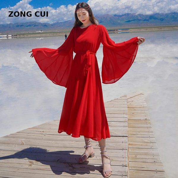 

casual dresses spring and autumn red chiffon dress women's round neck flared sleeve belt elegant party seaside long robe ete, Black;gray