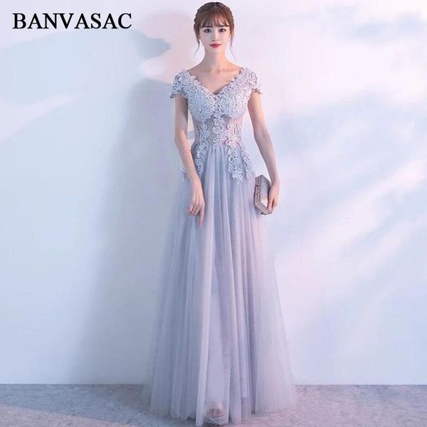 

party dresses banvasac 2021 a line v neck lace appliques long evening crystal short sleeve illusion backless prom gowns, White;black