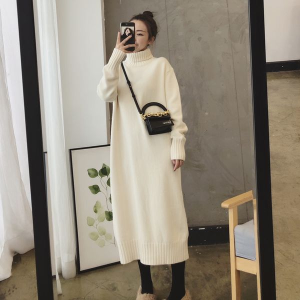 

korean style of knitted or crocheted woman's dress autumn and winter thick neck sweater on warm knee skirt long vr0t, Black;pink