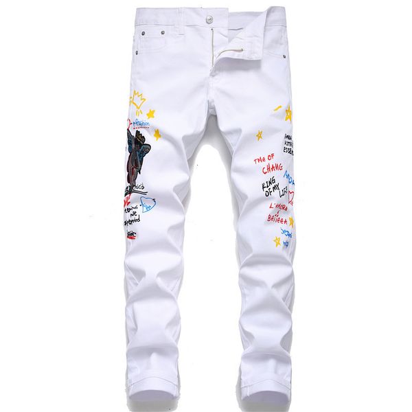 

new men's male angel embroidered printed white jeans fashion slim fit denim pencil pants trousers whhe, Blue