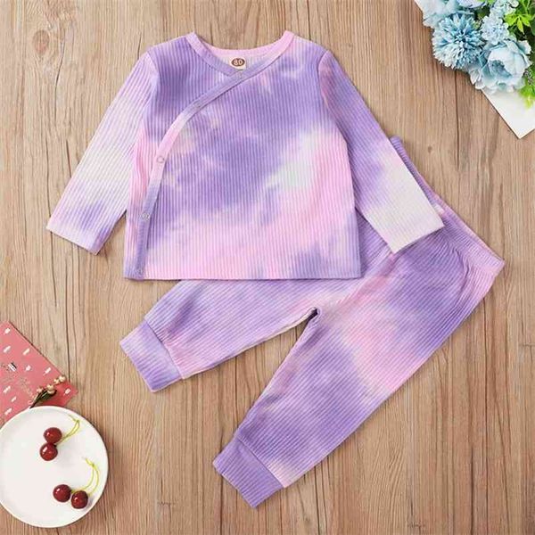 Inverno crianças conjuntos de manga longa casual o pescoço t-shirt roxo tie-tintura calças cute 2 pcs meninas roupas 0-2T 210629