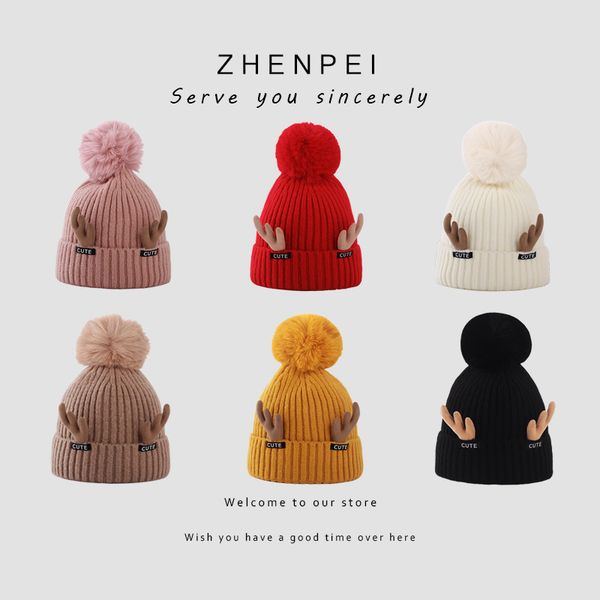 

factory wholesale 50% off korean version lovely antler knitted wool hat female fashion autumn and winter students versatile thickened warm e, Blue;gray