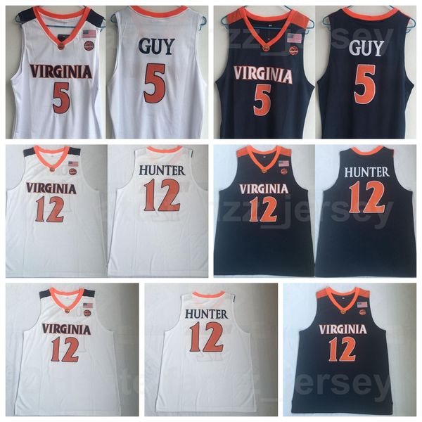 

ncaa college virginia cavaliers 5 kyle guy jersey university basketball 12 deandre hunter navy blue white team color breathable pure cotton, Black