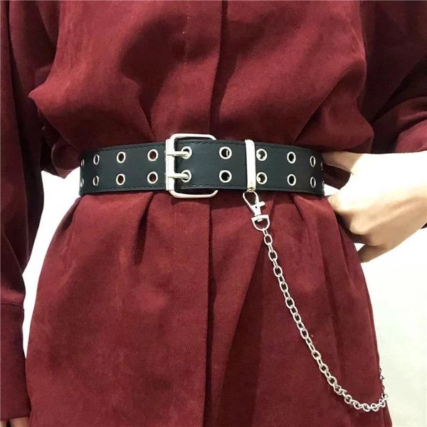 

belts women punk chain fashion belt adjustable double/single row hole eyelet waistband with decorative 2021, Black;brown