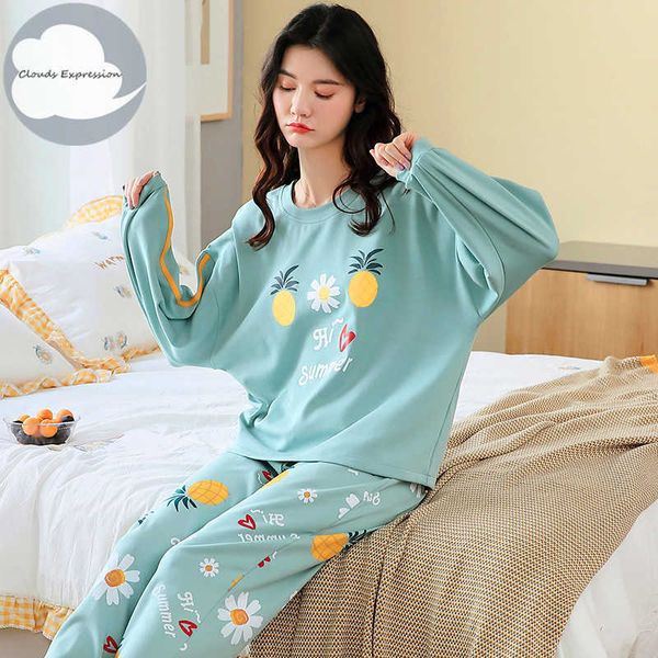 Primavera outono mulheres sono salão pijama de manga comprida mulher pijama conjunto dos desenhos animados pijamas algodão sleepwear m l xxl xxxl moda 210928