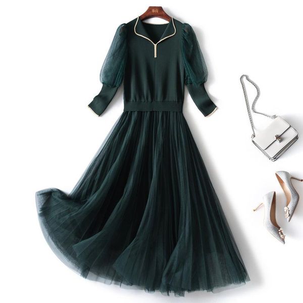 

casual dresses fashion women knitted sweater dress 2021 fall clothes for womens autumn pleated mesh tutu vestidos robe green black, Black;gray