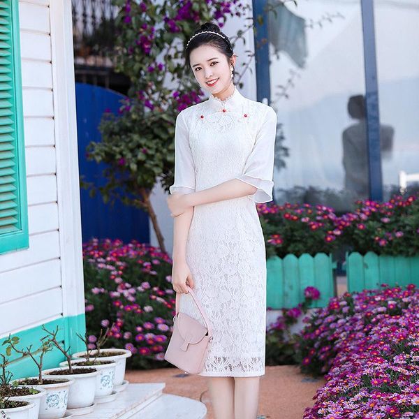 

whit bride bridesmaid wedding party cheongsam loose flare sleeve qipao slim straight chinese dresses vintage lace floral skirt, Red