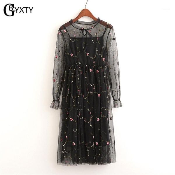 

piece set see through black mesh dress women spring summer long sleeve floral embroidery lace midi vestido 512 casual dresses, Black;gray