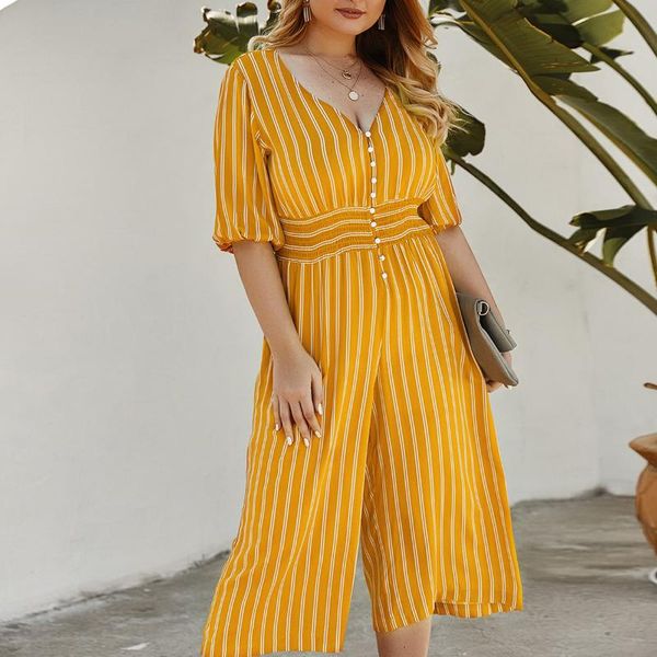 

women's jumpsuits & rompers plus size striped v neck button-loop front smocked waist wide leg playsuits romper dungarees women spring s, Black;white