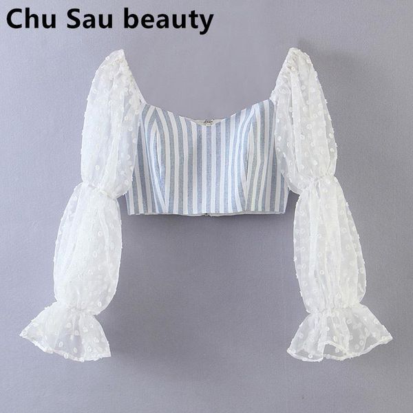 

women's blouses & shirts 2021 fashion casual denim blue stripes women crop holiday style chic puff sleeve v-neck short summer ropa muj, White