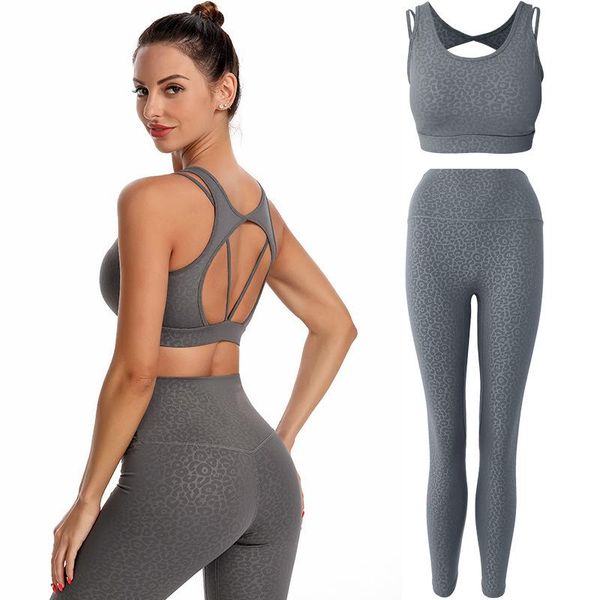 

yoga outfit set women's gym wear bra high waist leggings 2pcs sports suit leopard elastic fitness clothes sportswear 2021